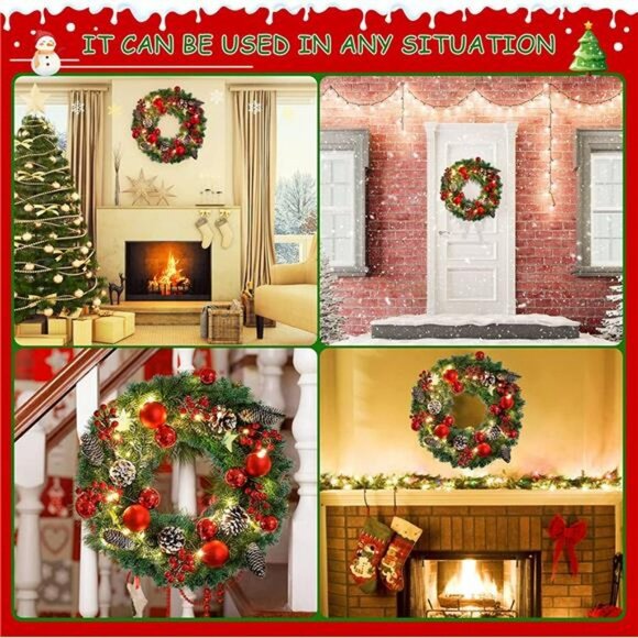 Christmas Wreath, 16 inch Artificial Wreath with Lights, for Front Door - Picture 3 of 7